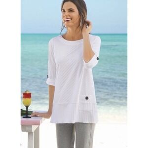 Soft Surroundings Size-1X Tunic Coastal White Ribbed Pull up Sleeve